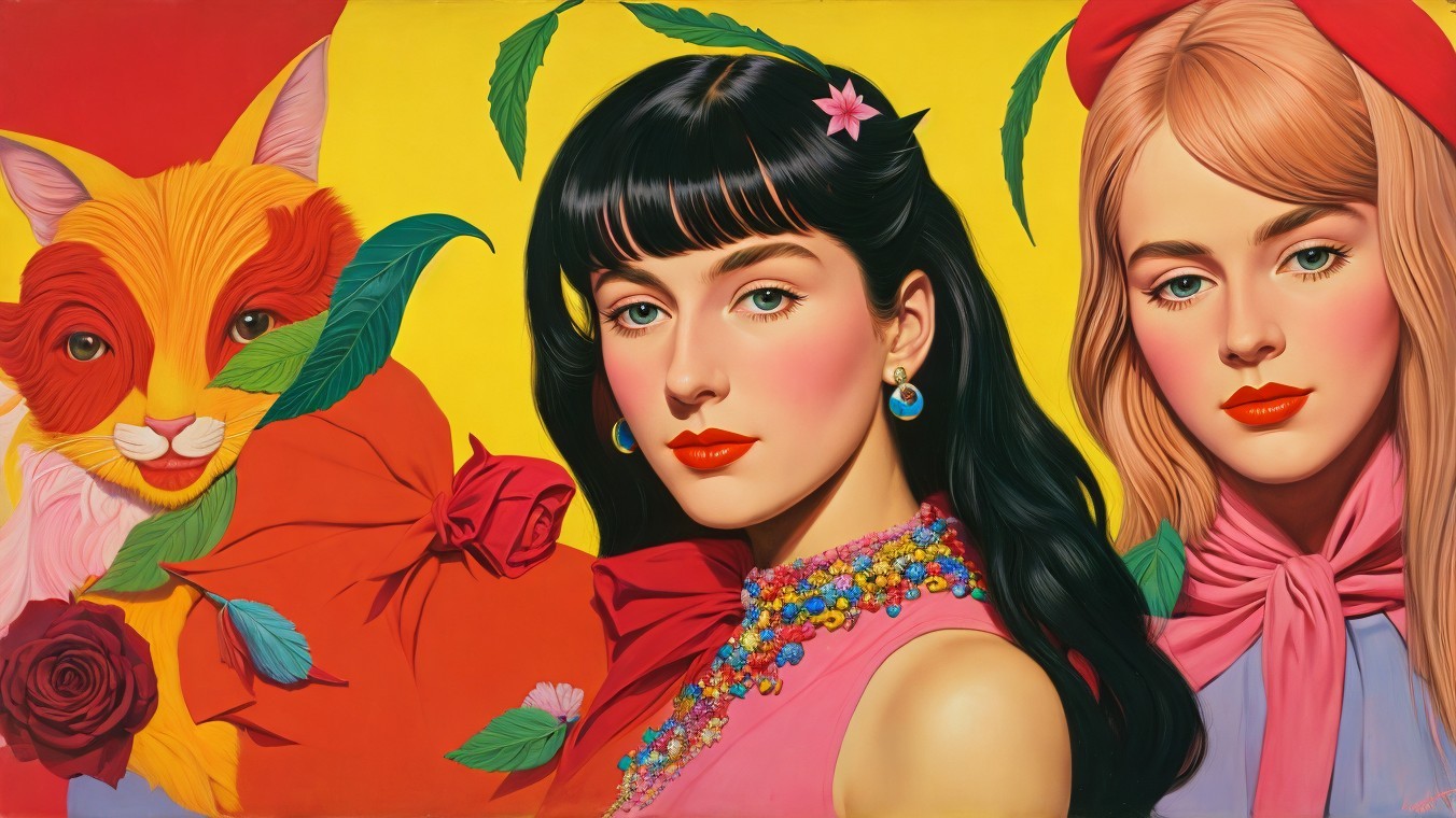 Two Young Women with Colorful Outfits and Cat