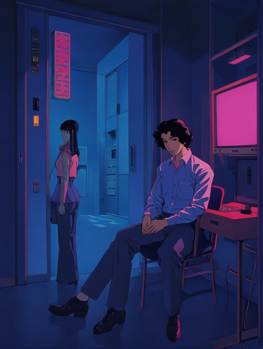 Contemplative Figures in a Dimly Lit Modern Room