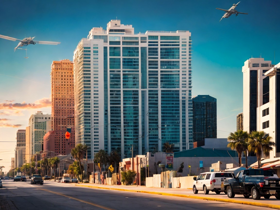 Modern Cityscape with Skyscrapers and Vibrant Sky