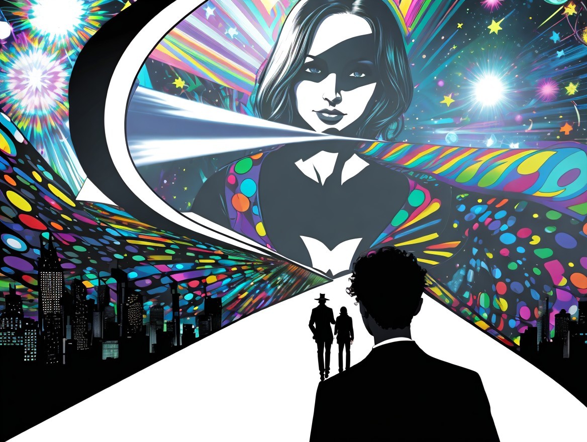 Surreal Scene with Colorful Psychedelic Backdrop
