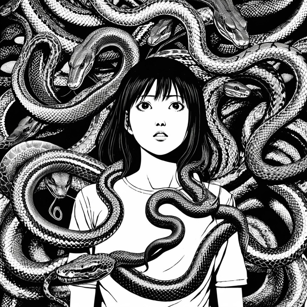 Young girl surrounded by swirling black and white snakes