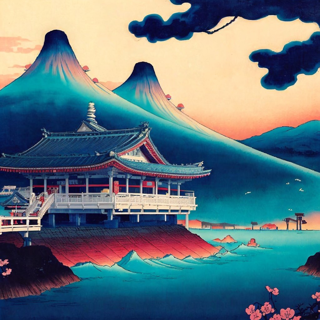 Japanese Ukiyo-e Style Artwork of Temple and Mountains