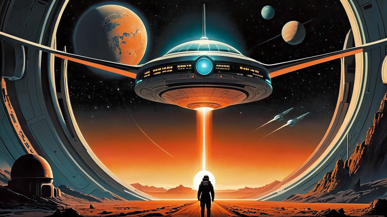 Astronaut beneath spacecraft in vibrant sunset landscape