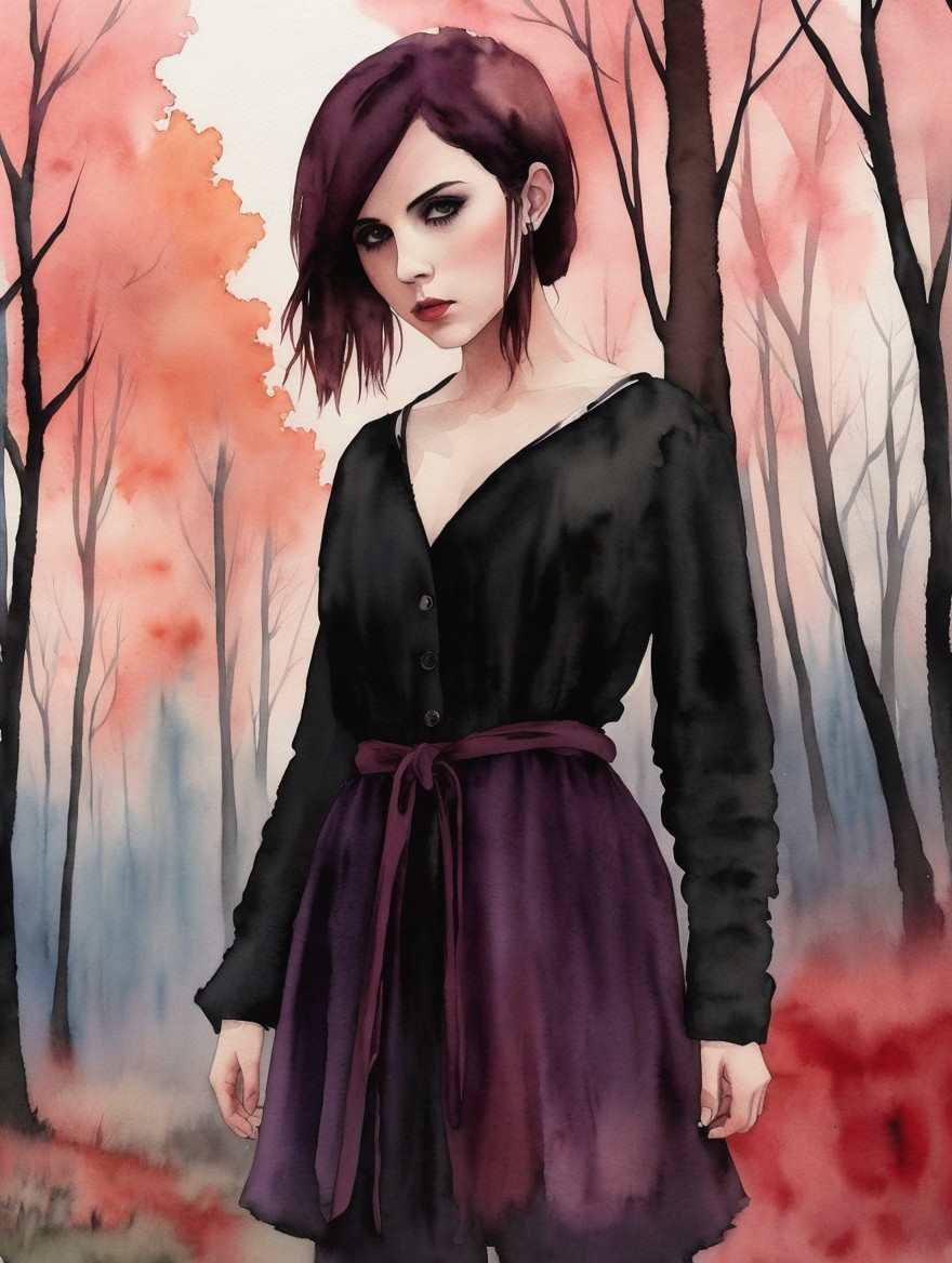 Young woman in misty forest with autumn leaves