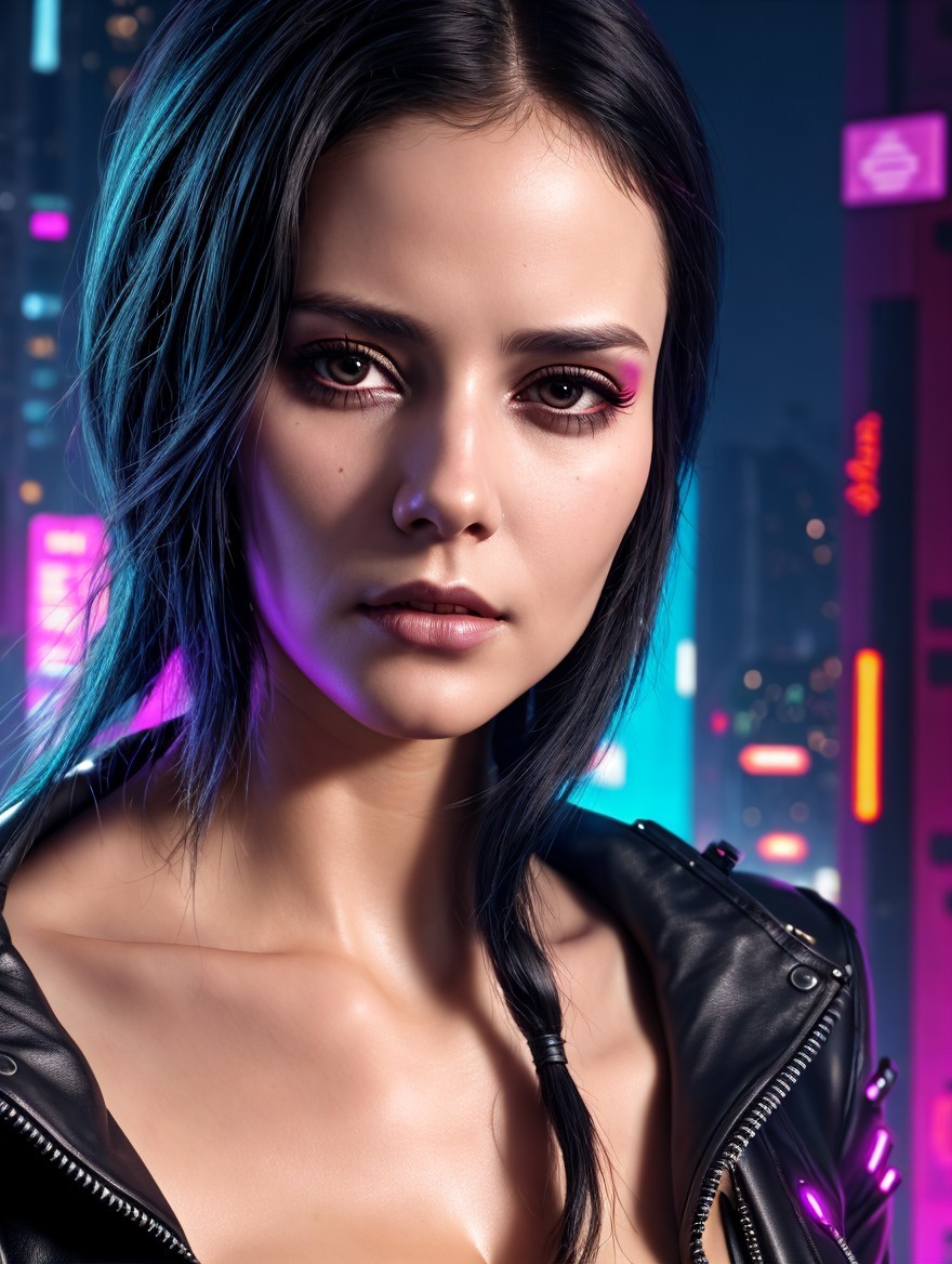 Young Woman in Leather Jacket Against Neon Cityscape