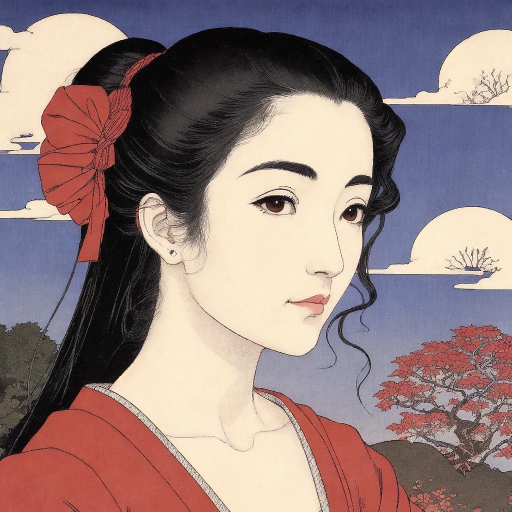 Stylized Woman in Serene Landscape with Red Bow