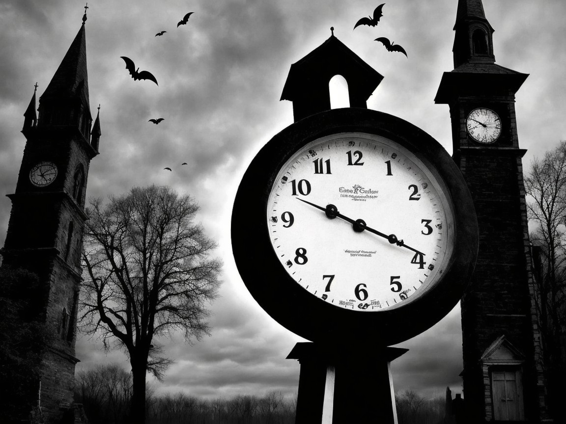 Gothic Clock Towers Under Ominous Sky with Bats