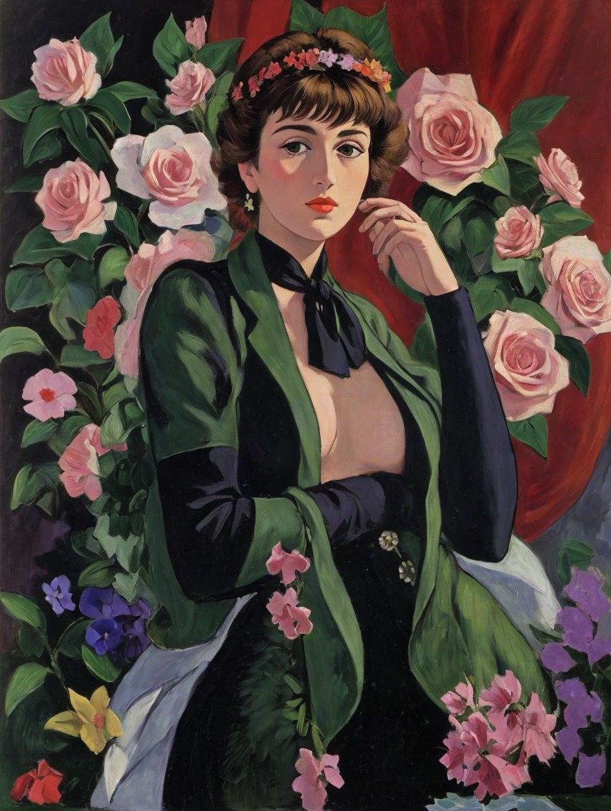 Woman in Green Jacket Surrounded by Colorful Flowers