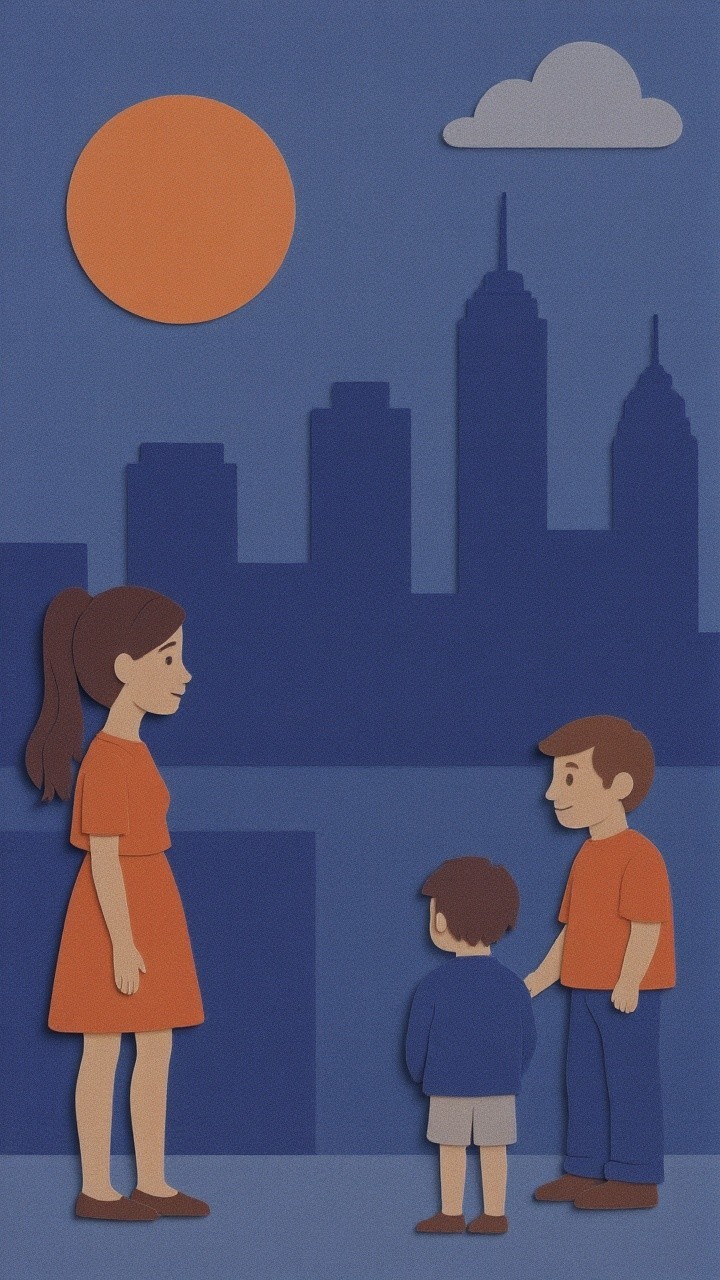 Illustration of a woman and two boys in a city skyline