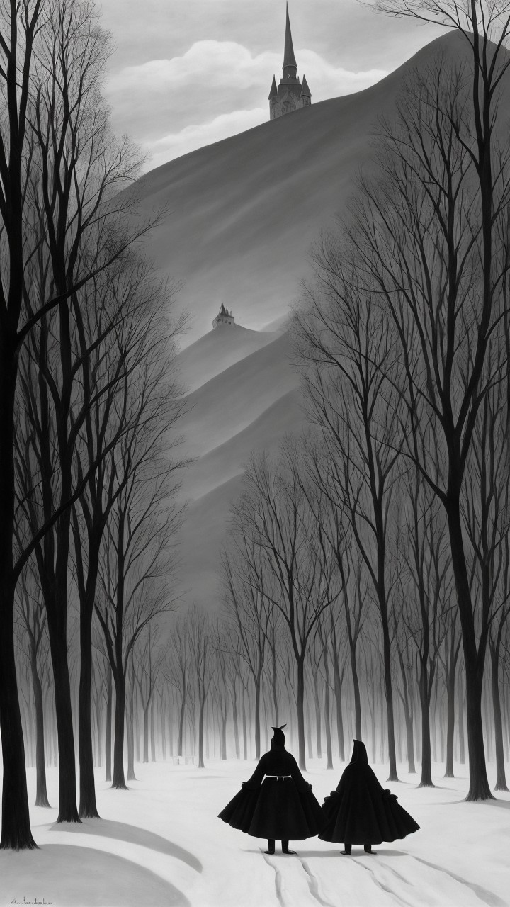 Cloaked Figures in Snowy Black-and-White Forest Scene