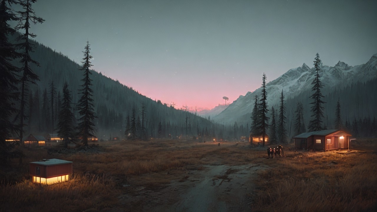 Serene Mountain Landscape at Dusk with Cabins