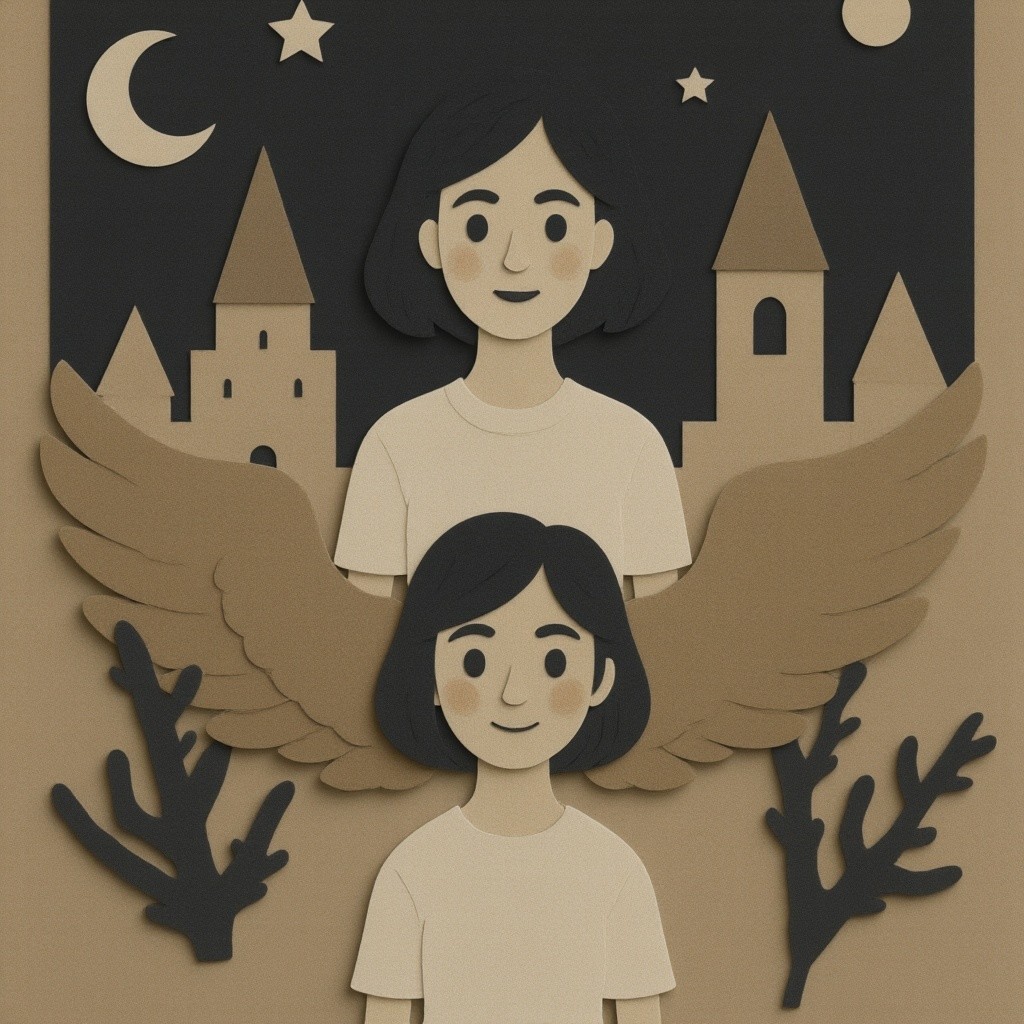 Whimsical Paper-Cut Design of Figures in Night Sky