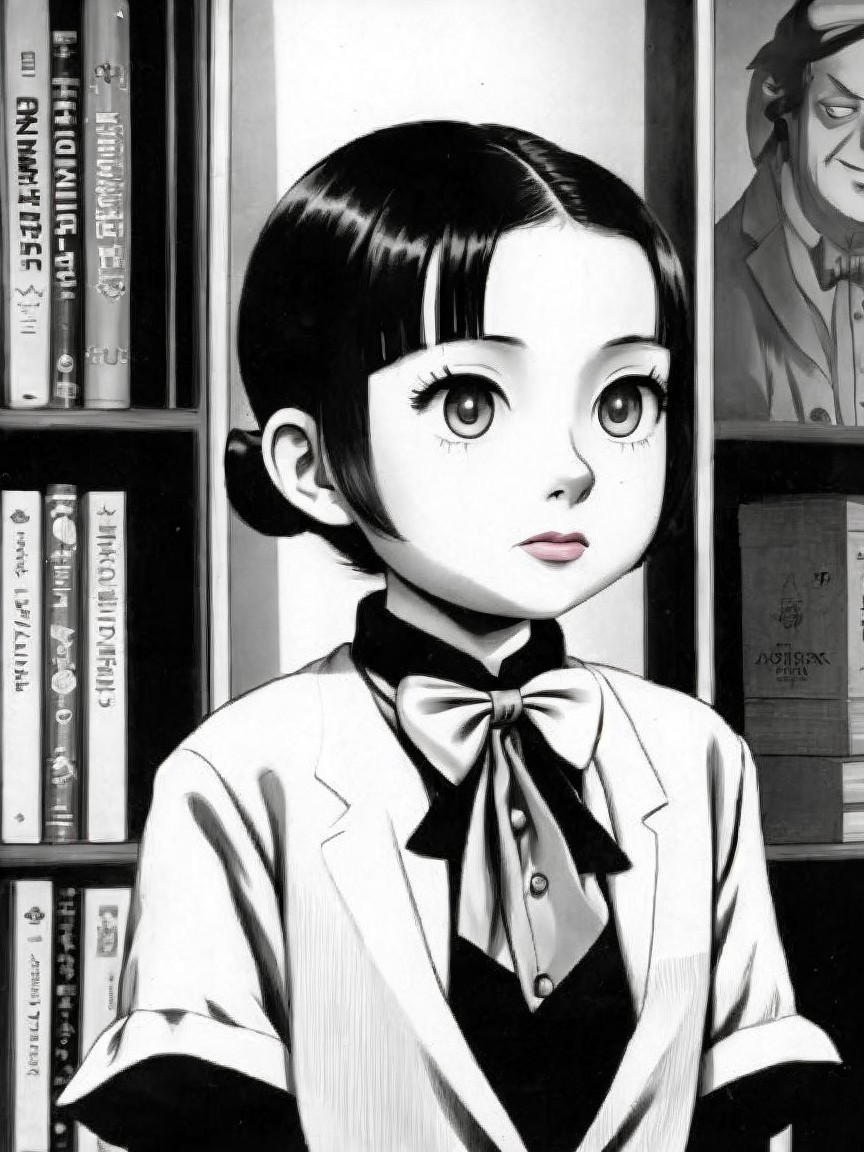 Stylized Black-and-White Illustration of a Young Girl