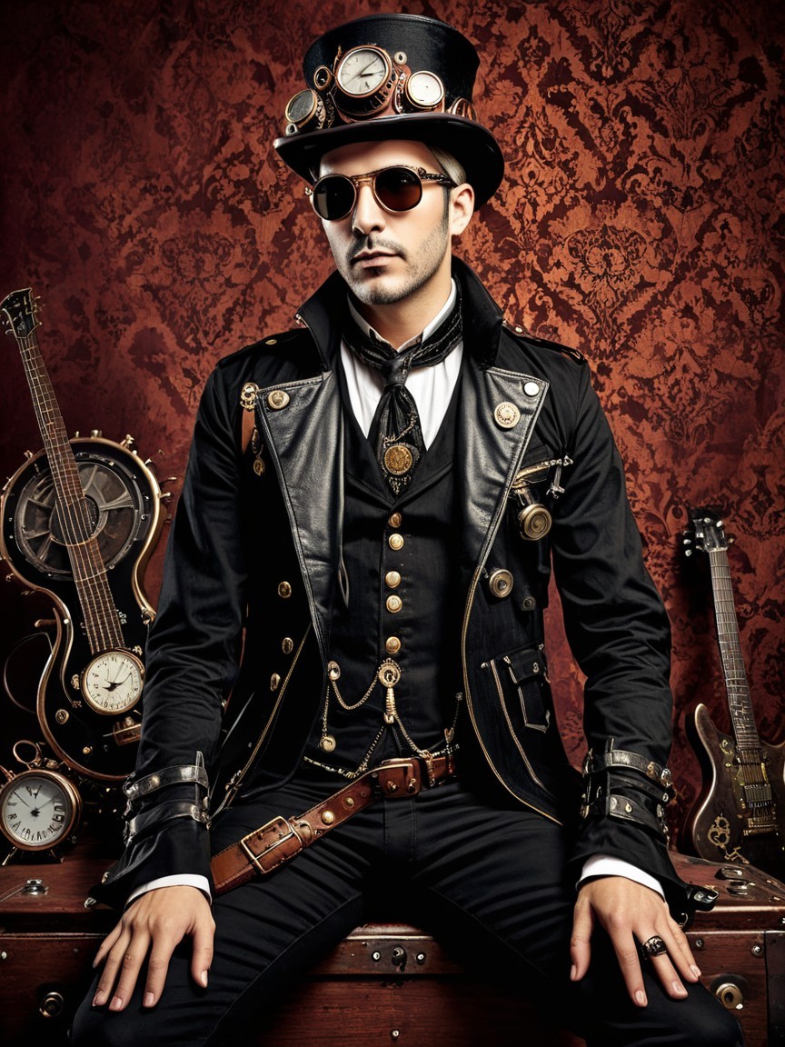 Steampunk Outfit with Vintage Guitars and Clocks