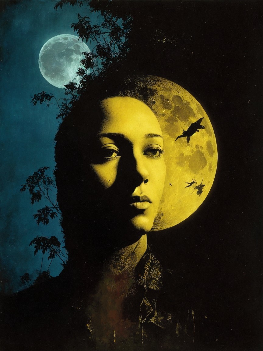 Silhouette of Woman's Face Merging with Full Moon