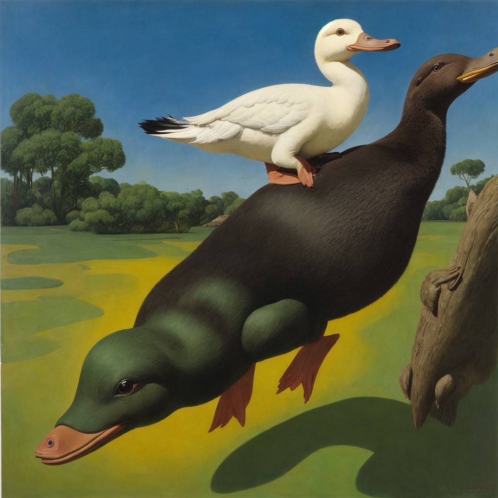 Ducks: One Large Dark Brown and Green, One Small White