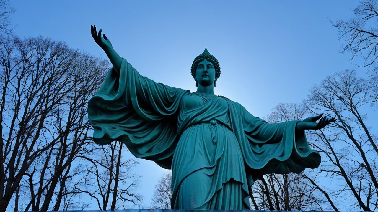 Turquoise Statue with Outstretched Arms Under Blue Sky