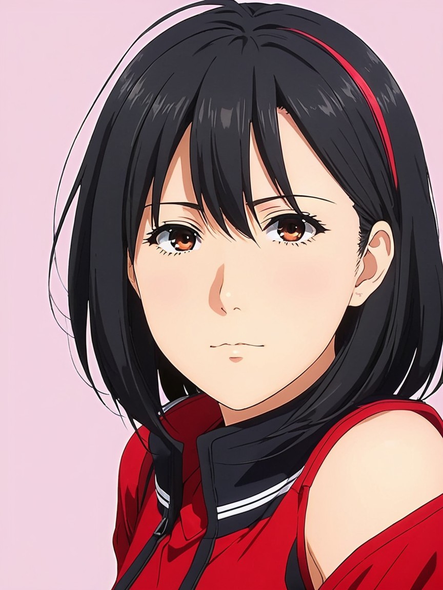 Young Woman in Red Outfit with Black Accent