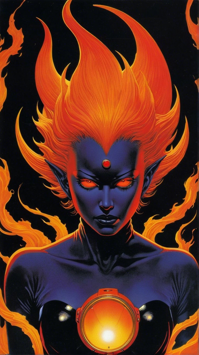 Fierce female character with flame-like hair and glowing eyes