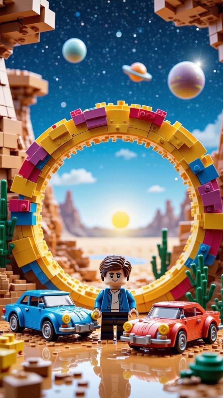 Lego Landscape with Colorful Cars and Cosmic Scene