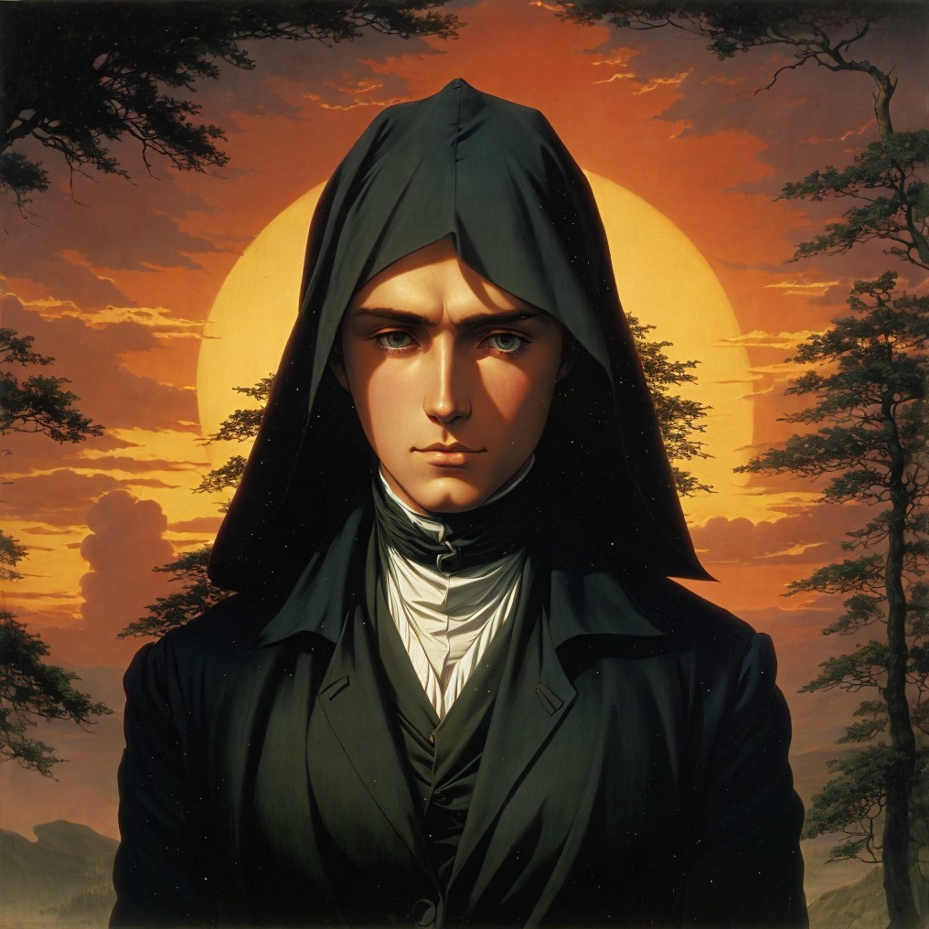 Young Figure in Dark Hood Against Sunset Background