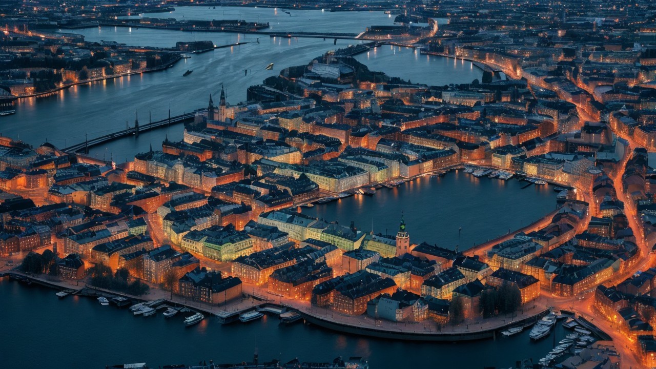 Aerial View of Historic Waterfront at Dusk