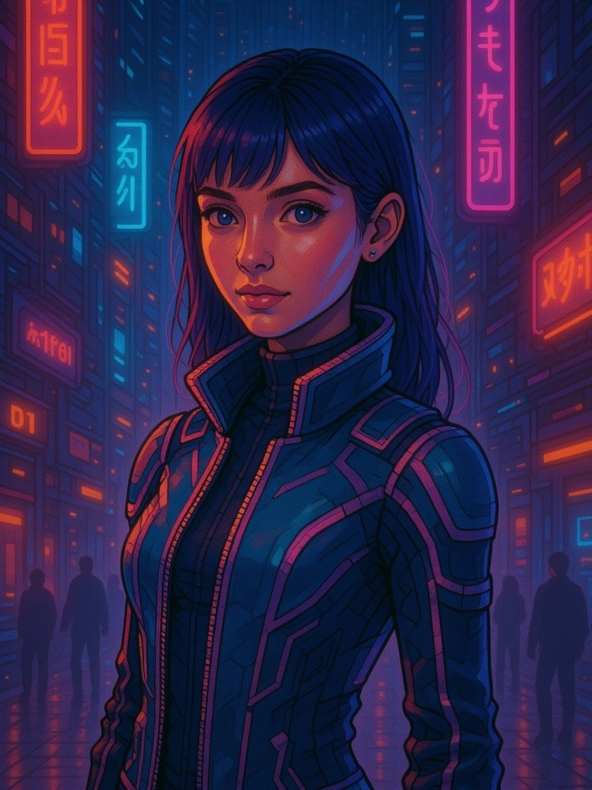 Young Woman in Futuristic Cyberpunk Setting