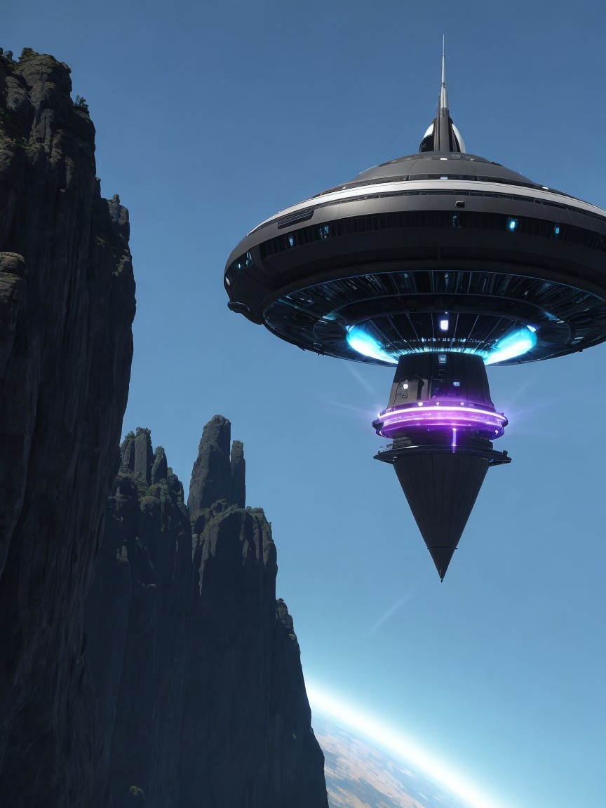 Futuristic spaceship above rugged landscape with cliffs