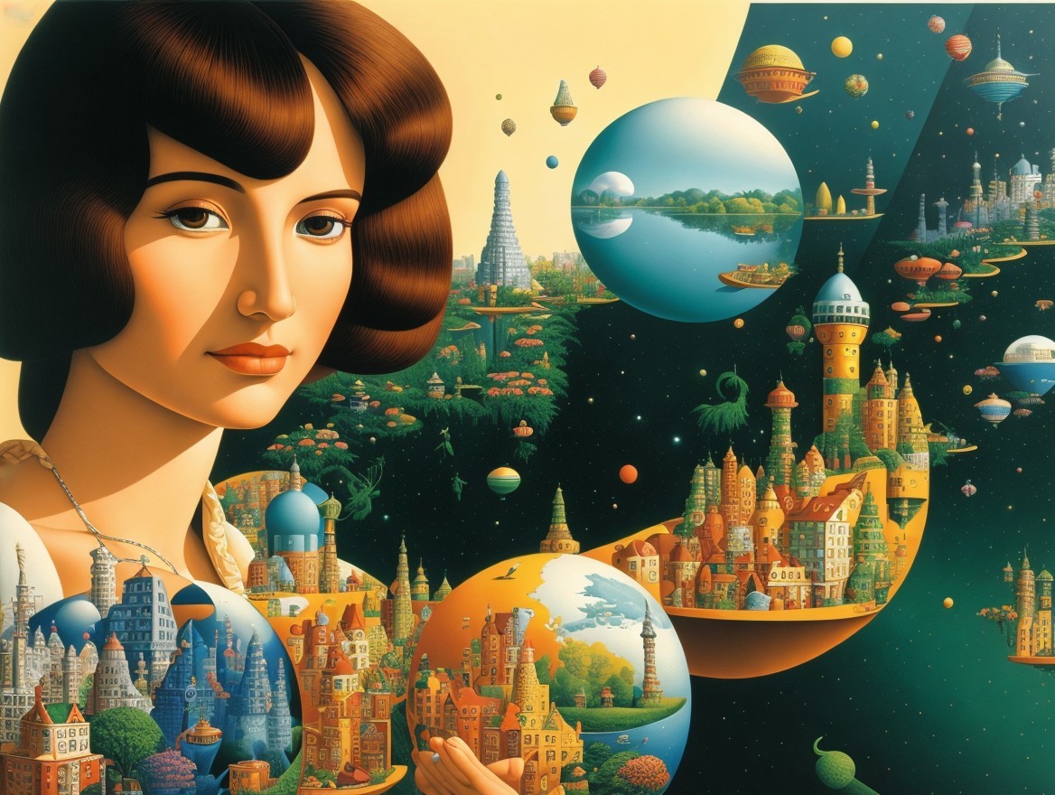 Surreal Landscape with Serene Woman and Floating Orbs