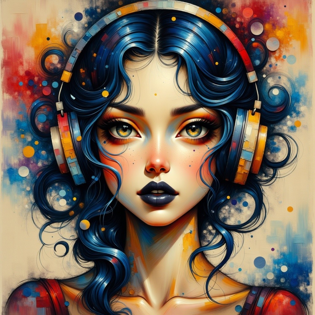 Portrait of a Young Woman with Blue Hair and Headphones