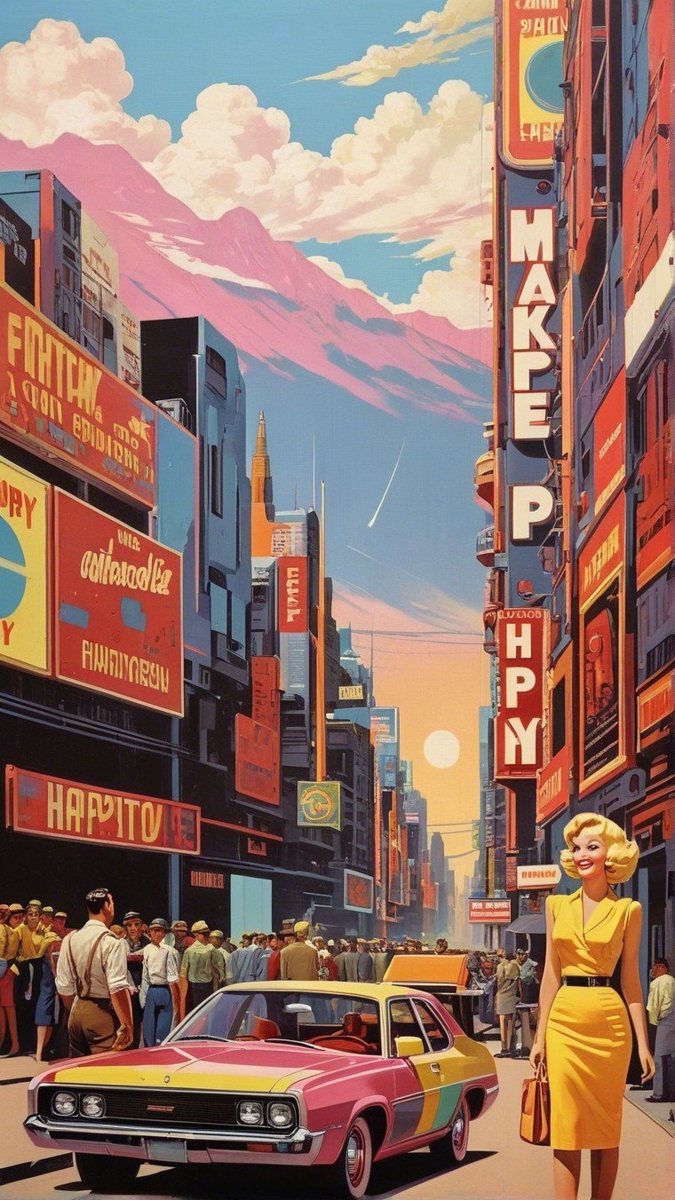 Vibrant City Street Scene at Sunset with Retro Elements