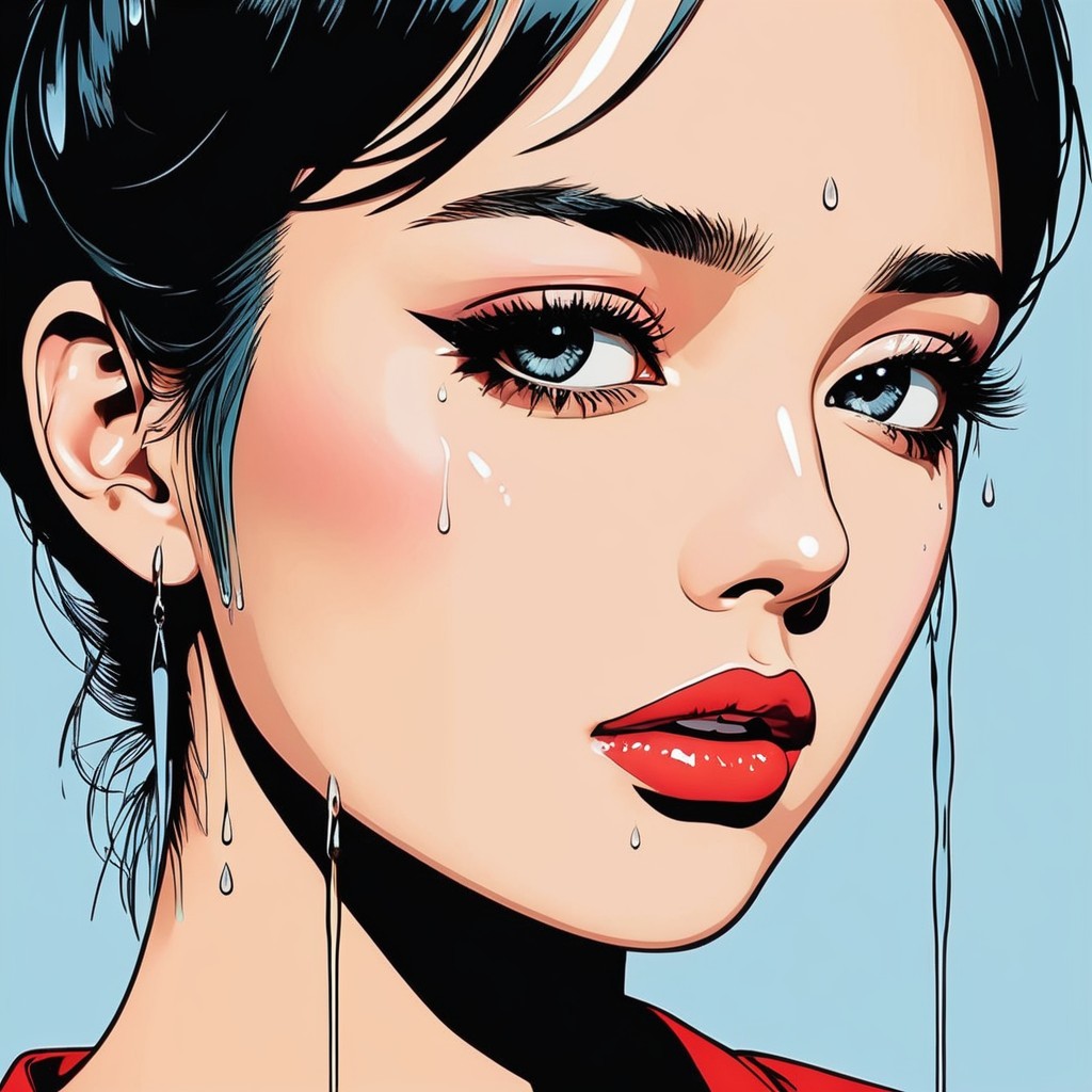 Portrait of a Young Woman with Glossy Eyes and Teardrops