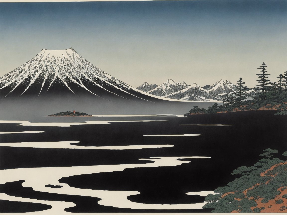 Serene Landscape with Snow-Capped Mountain and Water