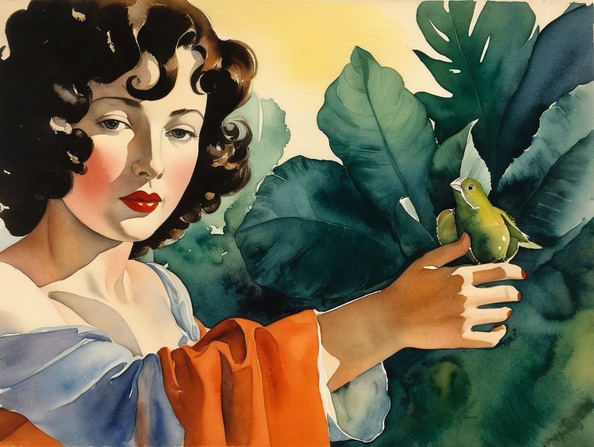 Young Woman with Curly Hair and Green Bird in Nature