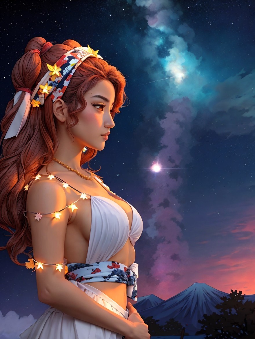 Young Woman in Flowing Dress Under Starry Sky