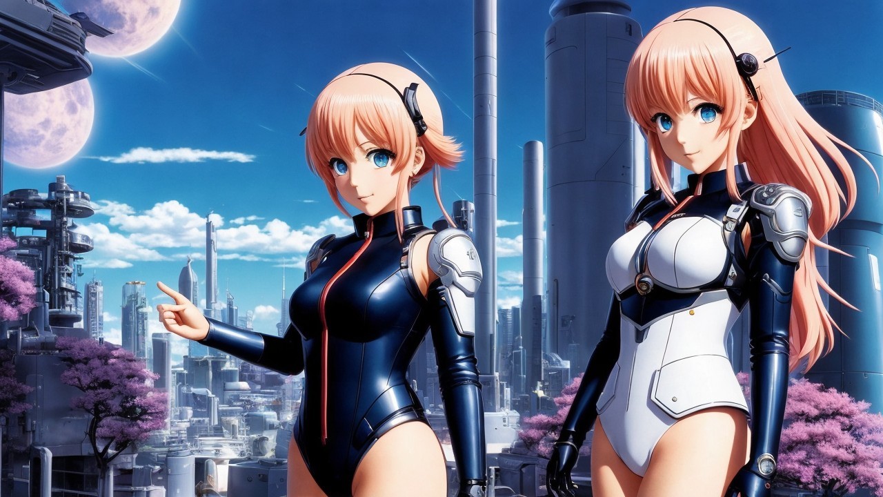 Futuristic Female Characters in Sci-Fi Cityscape