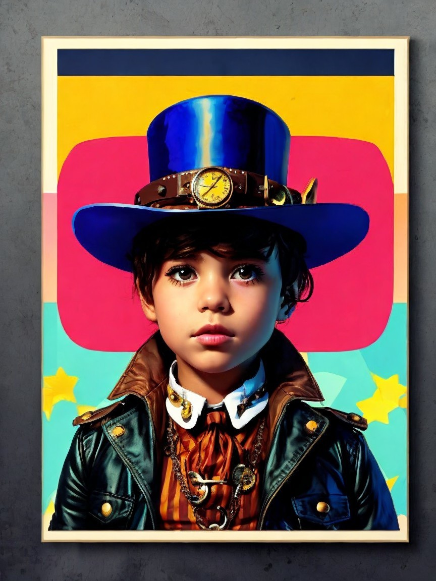 Child in Blue Hat with Clock and Feather Details
