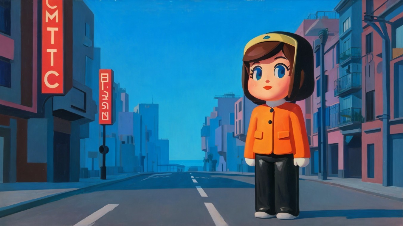 Vibrant Urban Scene with Cartoon Character in Street