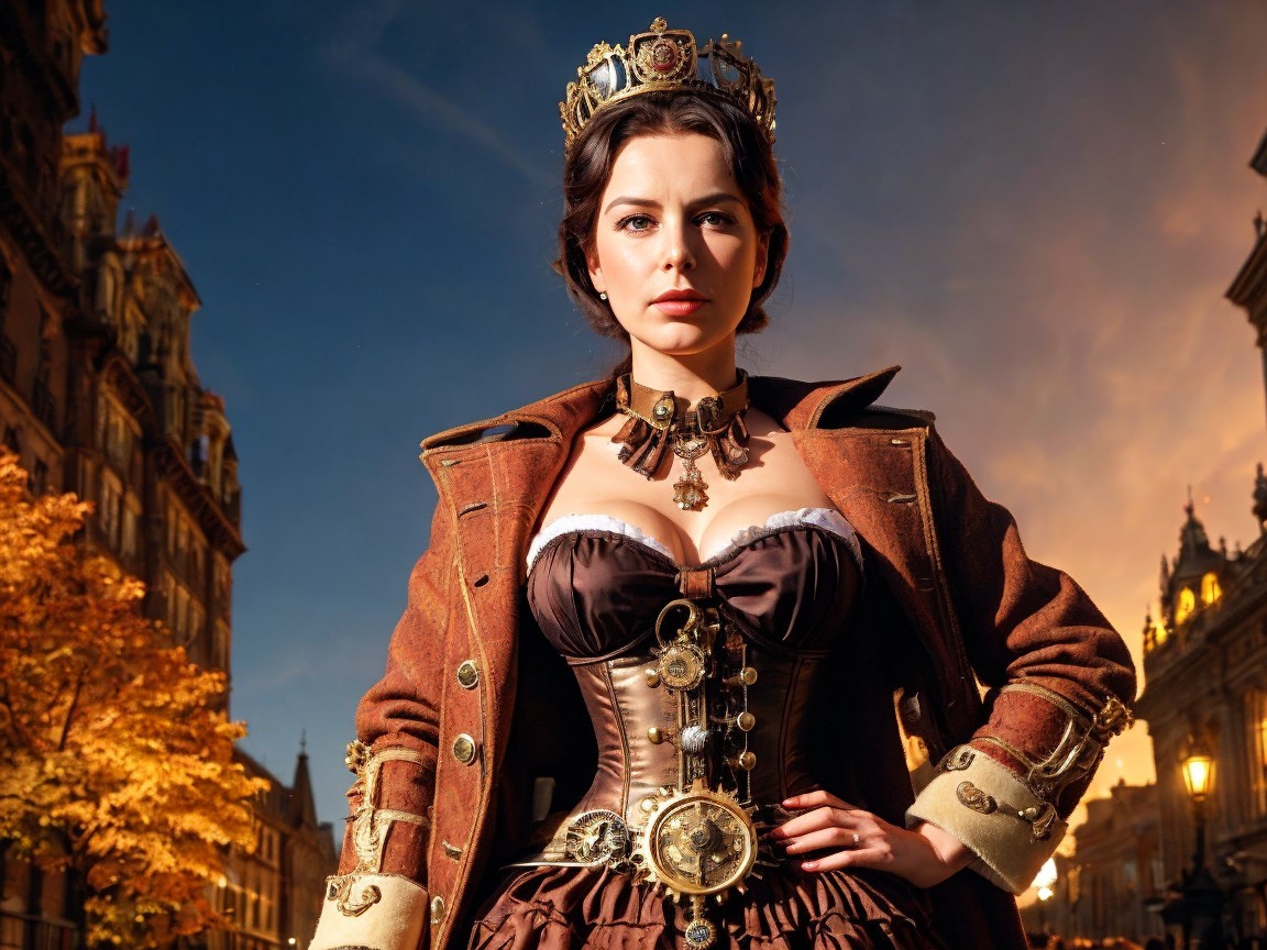 Steampunk Woman in Vintage Cityscape Setting