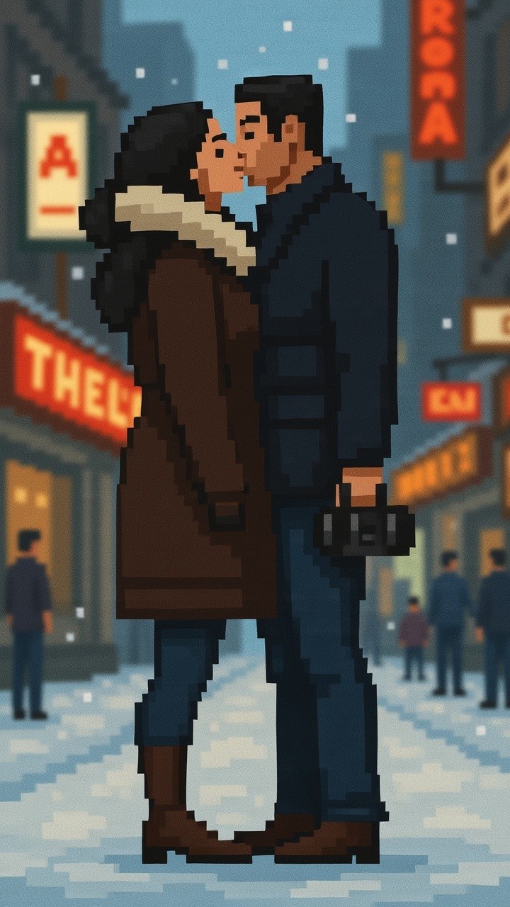 Pixelated Winter Scene of a Couple Kissing in Snow