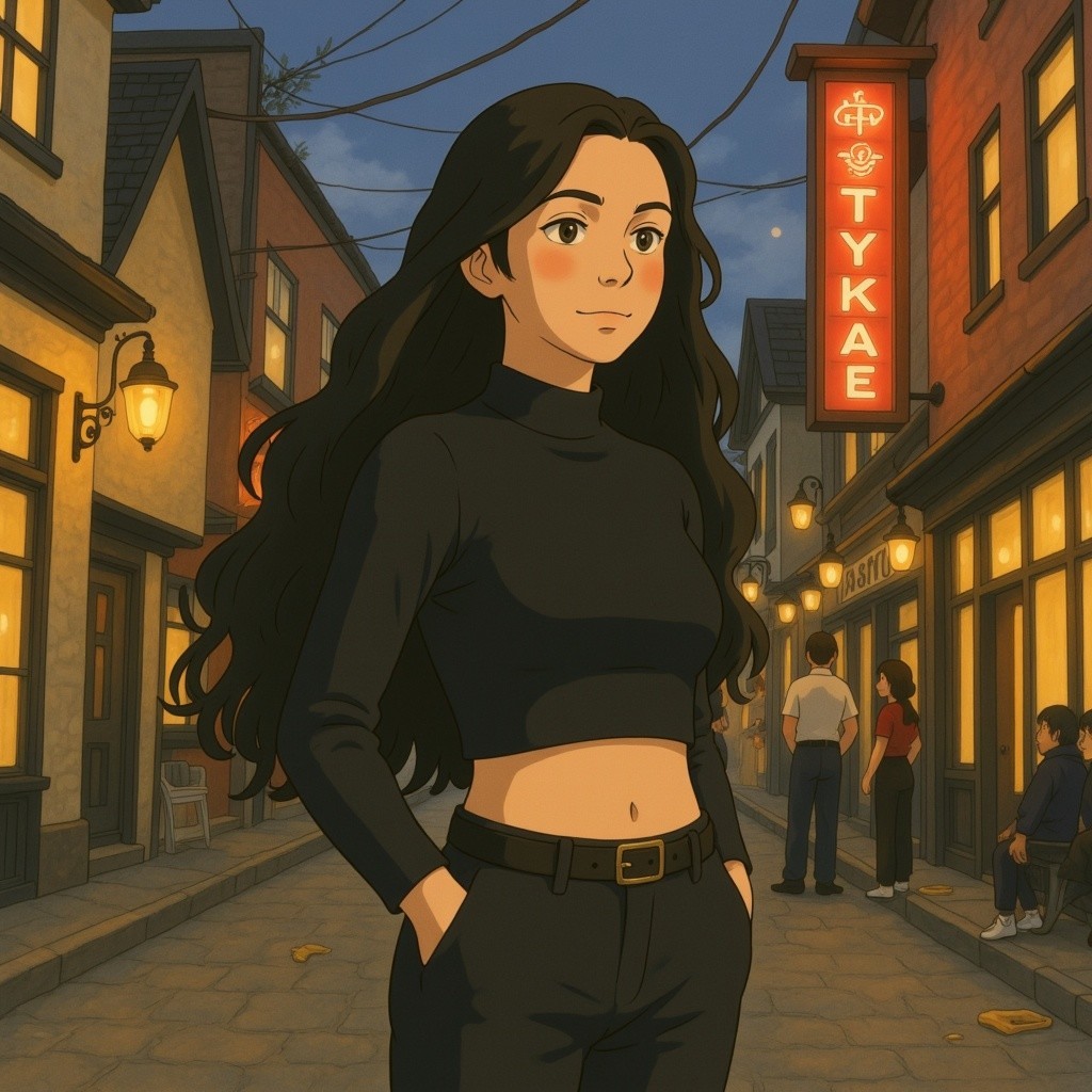 Woman in Black Attire on Cobblestone Street at Night