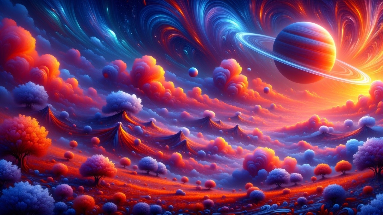 Surreal Landscape with Saturn-like Planet and Colorful Sky