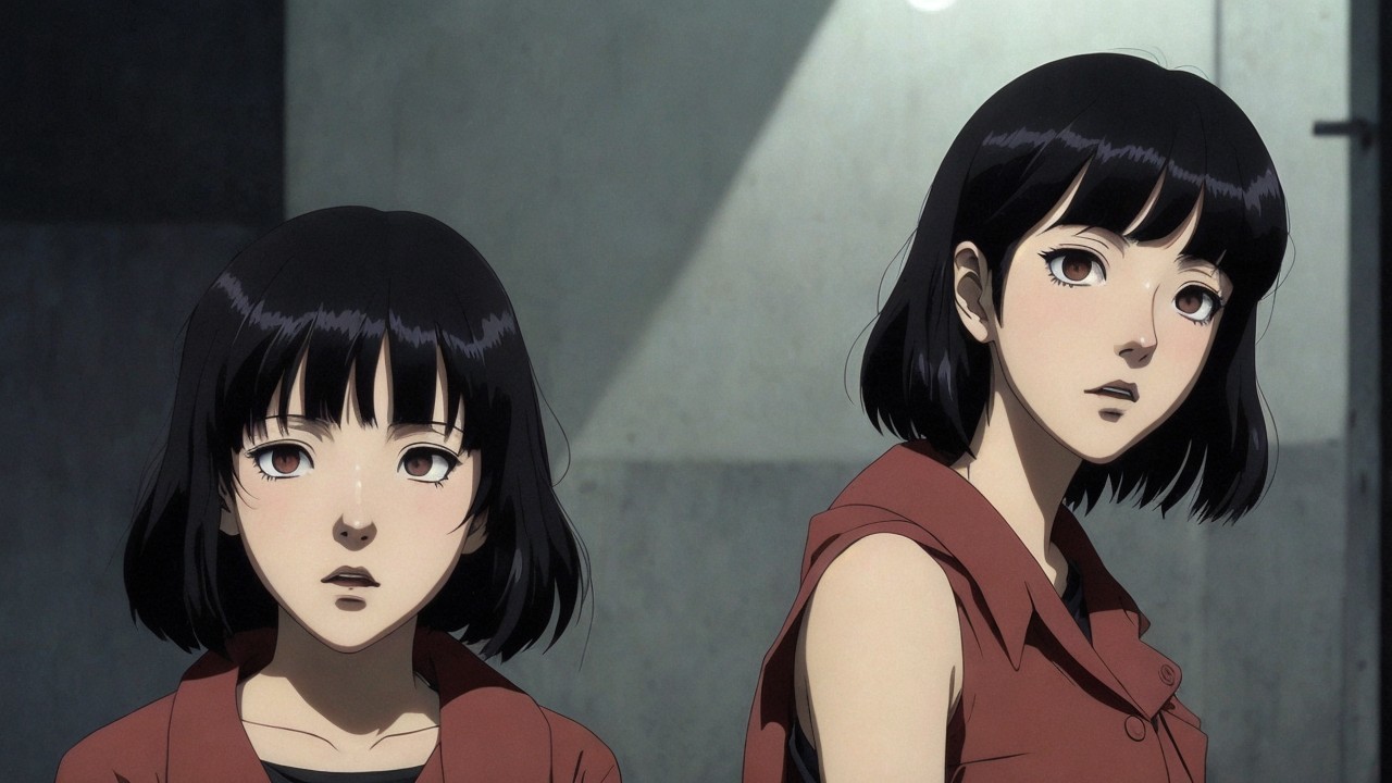 Two characters in matching red outfits in dim light