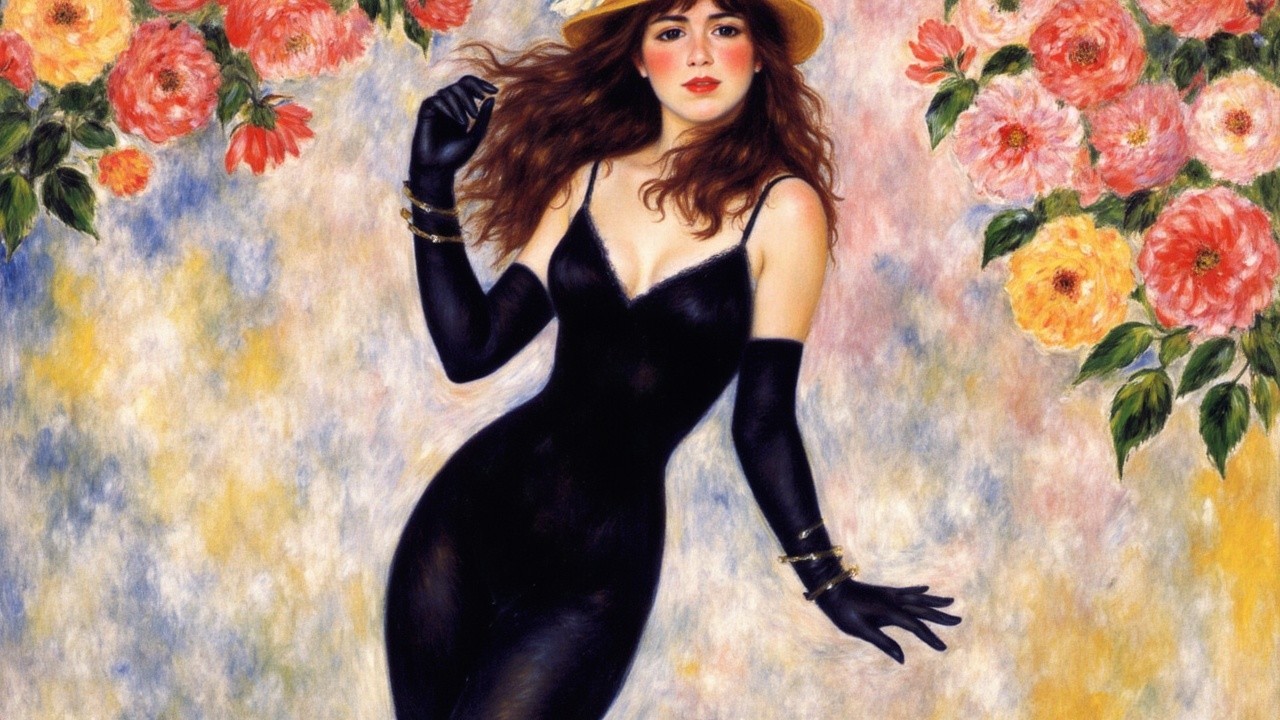 Glamorous Woman in Black Outfit Among Vibrant Flowers