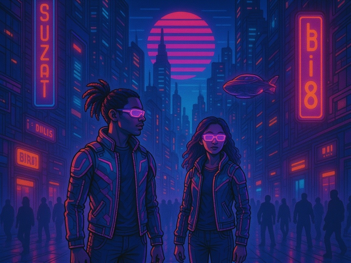 Cyberpunk Cityscape with Stylish Figures and Neon Lights