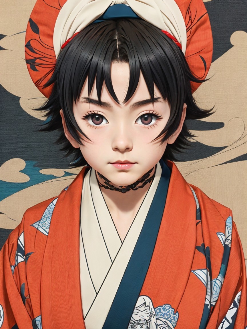Anime-style portrait of a character in vibrant kimono
