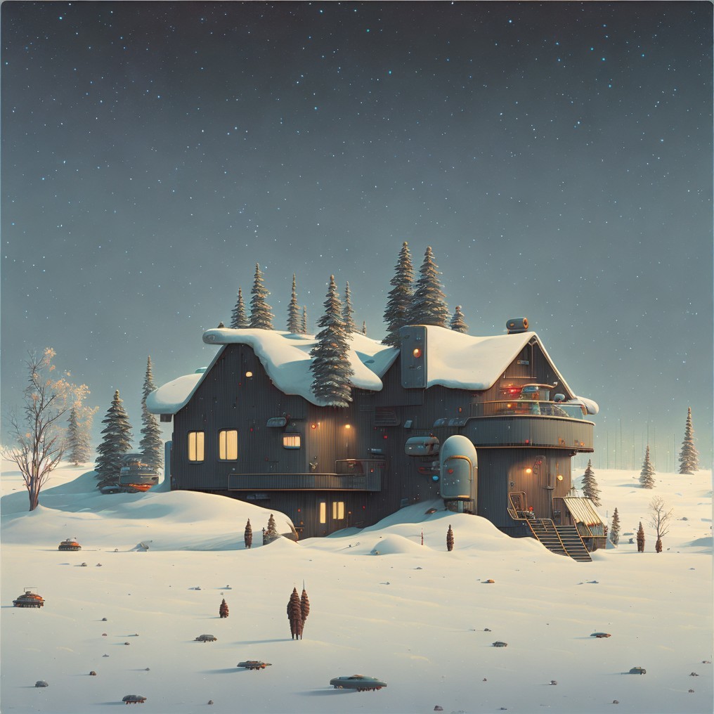 Modern Home in Snowy Landscape with Evergreen Trees