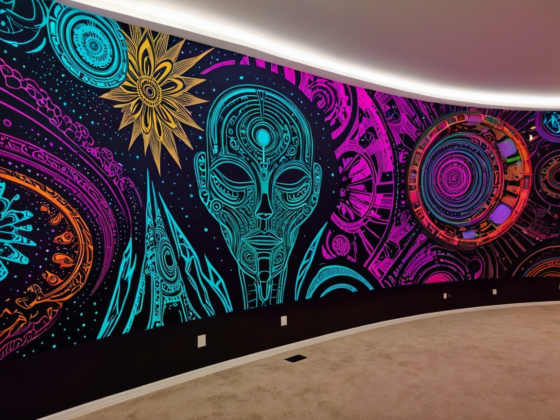 Vibrant Cosmic Mural with Neon Colors and Designs