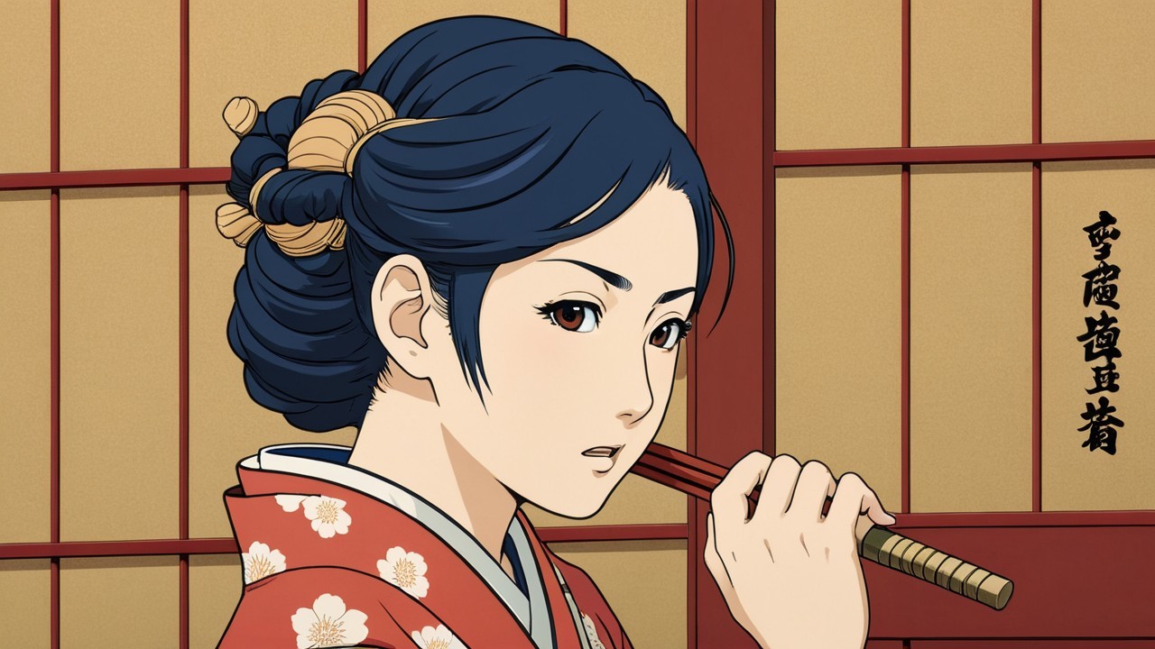 Young Woman in Traditional Japanese Kimono with Hairpins