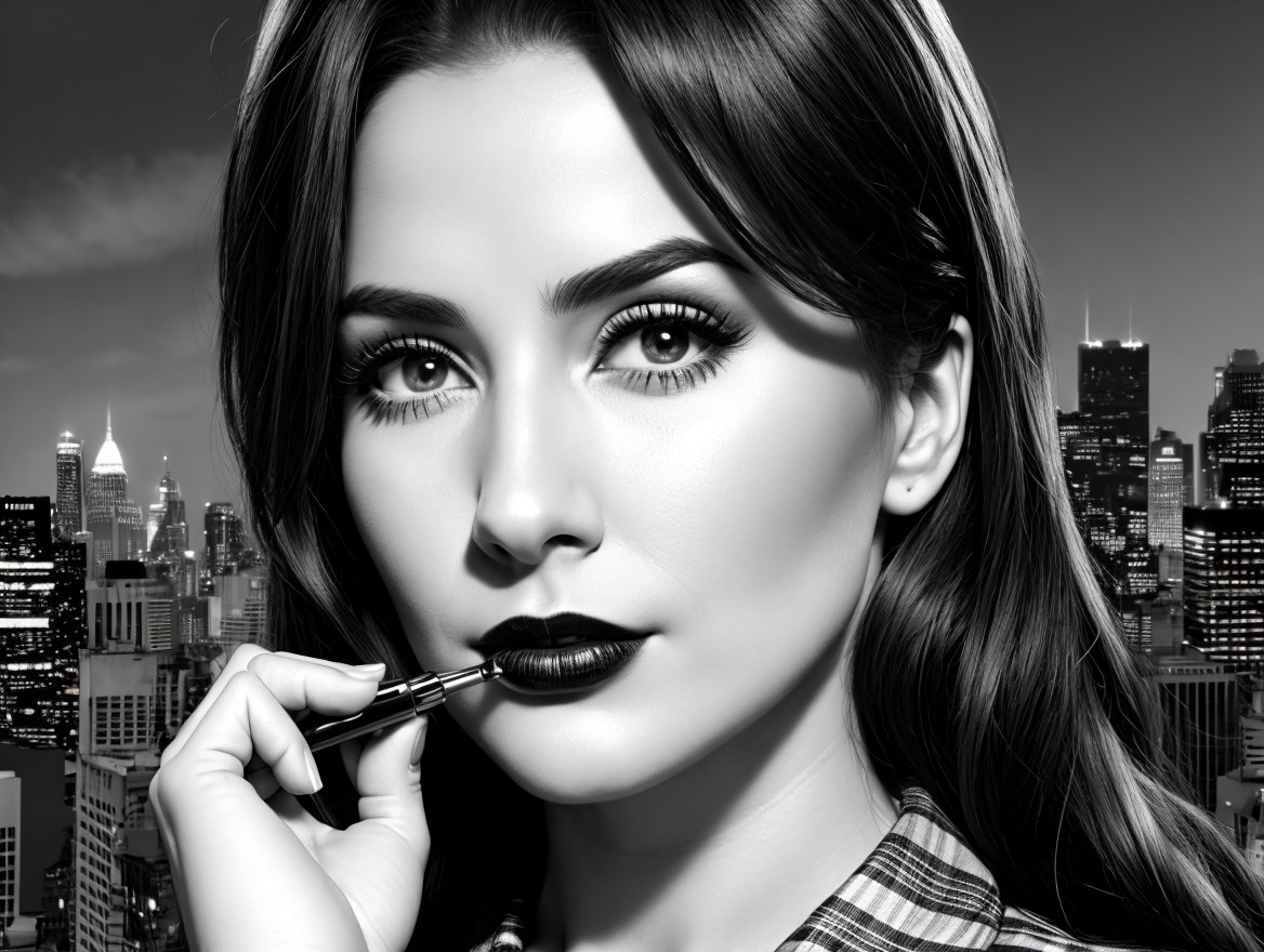 Black-and-white portrait of a woman with bold makeup